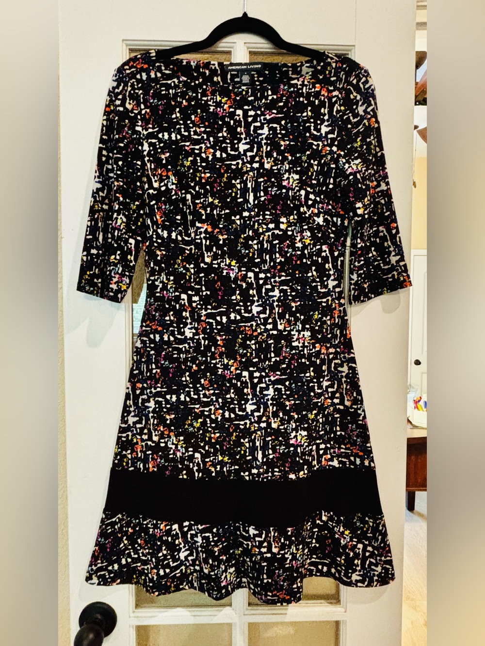 American Living Black Multi-Color Abstract Print Midi Dress